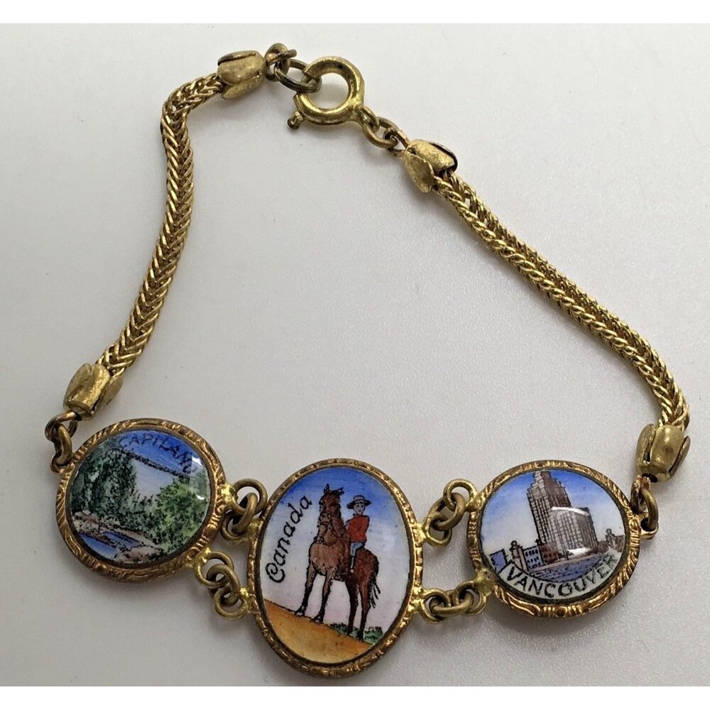 RCMP Mountie Vancouver Canada Enamel Charm  Bracelet Pictures  Capilano 7""